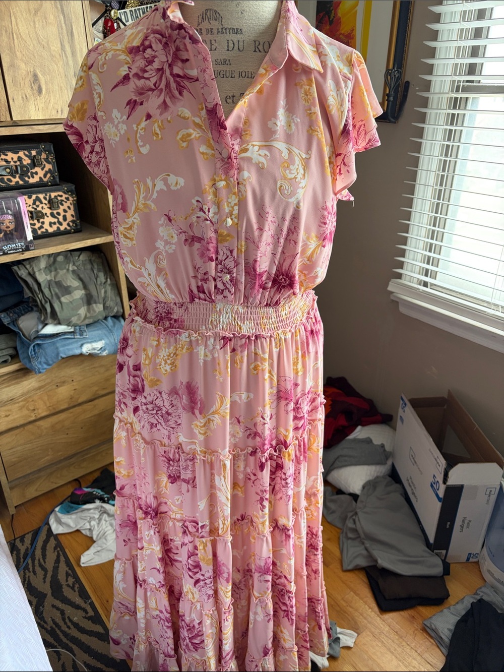 Tahari Pink Floral Tiered Maxi Dress - Lightweight Summer Style - Large